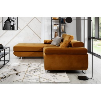 - Canapé d'angle convertible ARMEL en tissu velours luxe 5 places, couleur cuivre, avec coffre, angle gauche (vu de face)