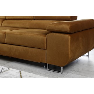- Canapé d'angle convertible ARMEL en tissu velours luxe 5 places, couleur cuivre, avec coffre, angle gauche (vu de face)
