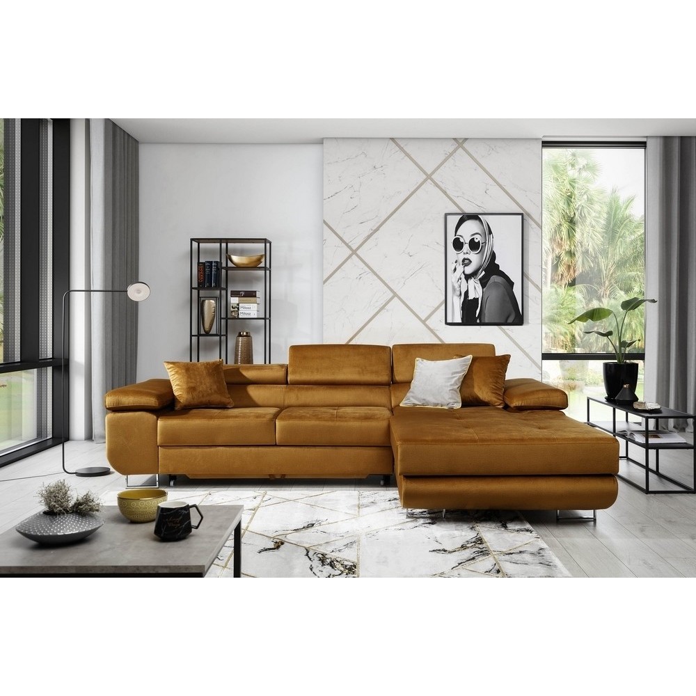 Canapé d'angle convertible ARMEL en tissu velours luxe 5 places, couleur cuivre, avec coffre, angle droit (vu de face) Canapé d'angle convertible ARMEL en tissu velours luxe 5 places, couleur cuivre, avec coffre, angle droit (vu de face)