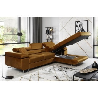 Canapé d'angle convertible ARMEL en tissu velours luxe 5 places, couleur cuivre, avec coffre, angle droit (vu de face)