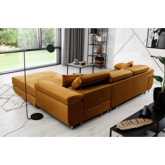 Canapé d'angle convertible ARMEL en tissu velours luxe 5 places, couleur cuivre, avec coffre, angle droit (vu de face)