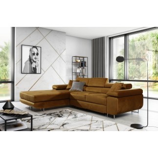 Canapé d'angle convertible ARMEL en tissu velours luxe 5 places, couleur cuivre, avec coffre, angle droit (vu de face)