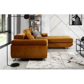 Canapé d'angle convertible ARMEL en tissu velours luxe 5 places, couleur cuivre, avec coffre, angle droit (vu de face)