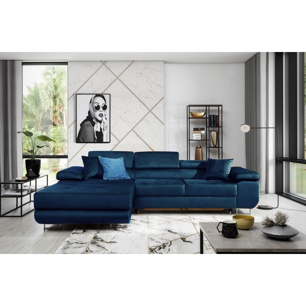 Canapé d'angle convertible ARMEL en tissu velours luxe 5 places, couleur bleu foncé, avec coffre, angle gauche (vu de face) Canapé d'angle convertible ARMEL en tissu velours luxe 5 places, couleur bleu foncé, avec coffre, angle gauche (vu de face)