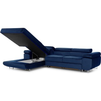 Canapé d'angle convertible ARMEL en tissu velours luxe 5 places, couleur bleu foncé, avec coffre, angle gauche (vu de face)