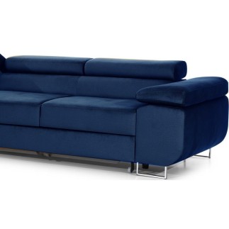 Canapé d'angle convertible ARMEL en tissu velours luxe 5 places, couleur bleu foncé, avec coffre, angle gauche (vu de face)