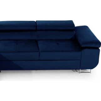 Canapé d'angle convertible ARMEL en tissu velours luxe 5 places, couleur bleu foncé, avec coffre, angle gauche (vu de face)