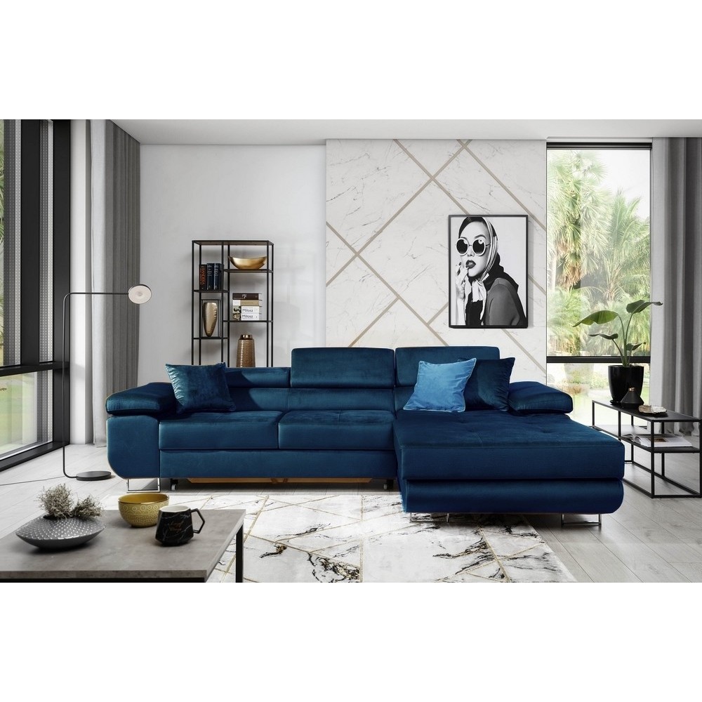 Canapé d'angle convertible ARMEL en tissu velours luxe 5 places, couleur bleu foncé, avec coffre, angle droit (vu de face) Canapé d'angle convertible ARMEL en tissu velours luxe 5 places, couleur bleu foncé, avec coffre, angle droit (vu de face)