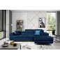 Canapé d'angle convertible ARMEL en tissu velours luxe 5 places, couleur bleu foncé, avec coffre, angle droit (vu de face) Canapé d'angle convertible ARMEL en tissu velours luxe 5 places, couleur bleu foncé, avec coffre, angle droit (vu de face)