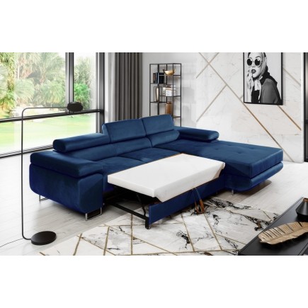 Canapé d'angle convertible ARMEL en tissu velours luxe 5 places, couleur bleu foncé, avec coffre, angle droit (vu de face)