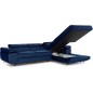 Canapé d'angle convertible ARMEL en tissu velours luxe 5 places, couleur bleu foncé, avec coffre, angle droit (vu de face) Canapé d'angle convertible ARMEL en tissu velours luxe 5 places, couleur bleu foncé, avec coffre, angle droit (vu de face)