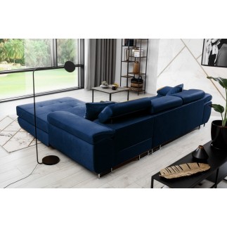 Canapé d'angle convertible ARMEL en tissu velours luxe 5 places, couleur bleu foncé, avec coffre, angle droit (vu de face)