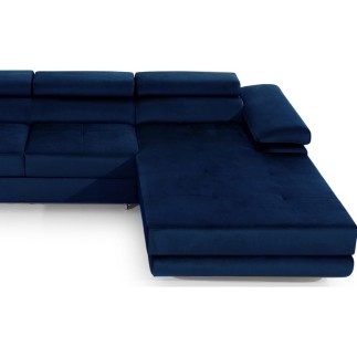 Canapé d'angle convertible ARMEL en tissu velours luxe 5 places, couleur bleu foncé, avec coffre, angle droit (vu de face)