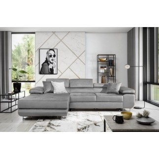 Canapé d'angle convertible ARMEL en tissu velours luxe 5 places, couleur gris, avec coffre, angle gauche (vu de face)