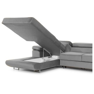 Canapé d'angle convertible ARMEL en tissu velours luxe 5 places, couleur gris, avec coffre, angle gauche (vu de face)