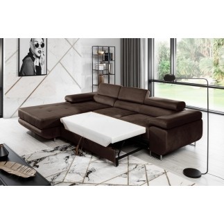 Canapé d'angle convertible ARMEL en tissu velours luxe 5 places, couleur chocolat, avec coffre, angle gauche (vu de face)