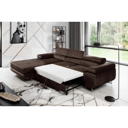 Canapé d'angle convertible ARMEL en tissu velours luxe 5 places, couleur chocolat, avec coffre, angle gauche (vu de face)