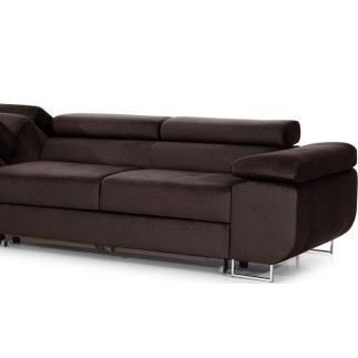 Canapé d'angle convertible ARMEL en tissu velours luxe 5 places, couleur chocolat, avec coffre, angle gauche (vu de face)