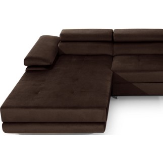 Canapé d'angle convertible ARMEL en tissu velours luxe 5 places, couleur chocolat, avec coffre, angle gauche (vu de face)