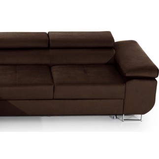 Canapé d'angle convertible ARMEL en tissu velours luxe 5 places, couleur chocolat, avec coffre, angle gauche (vu de face)