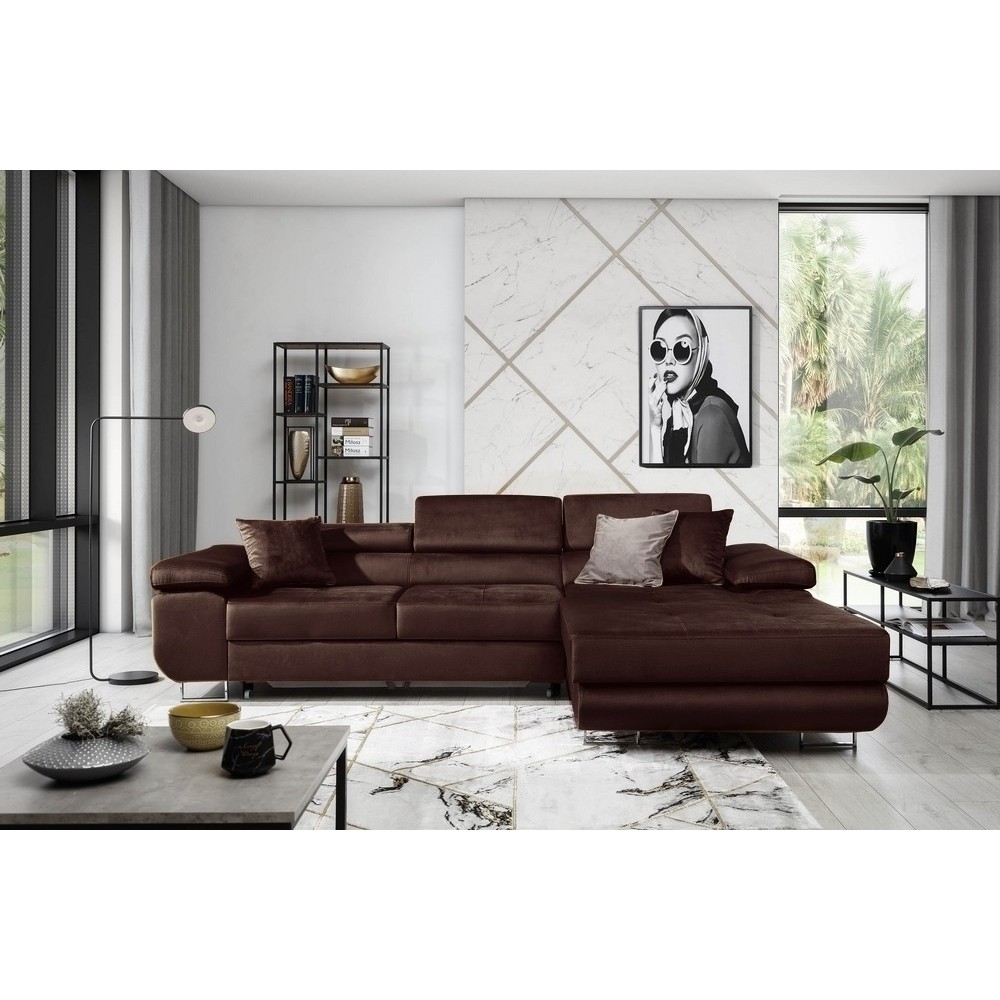 Canapé d'angle convertible ARMEL en tissu velours luxe 5 places, couleur chocolat, avec coffre, angle droit (vu de face)