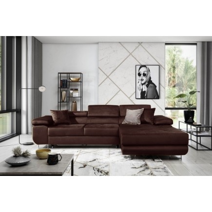 Canapé d'angle convertible ARMEL en tissu velours luxe 5 places, couleur chocolat, avec coffre, angle droit (vu de face)