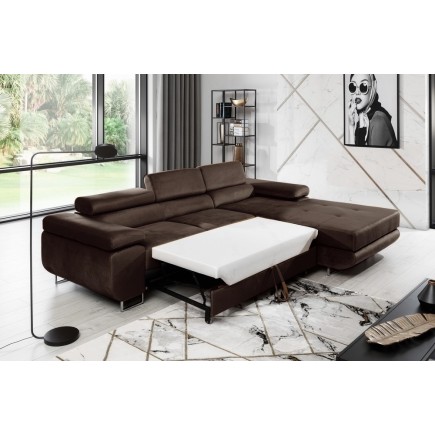 Canapé d'angle convertible ARMEL en tissu velours luxe 5 places, couleur chocolat, avec coffre, angle droit (vu de face)