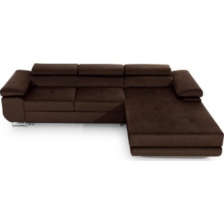 Canapé d'angle convertible ARMEL en tissu velours luxe 5 places, couleur chocolat, avec coffre, angle droit (vu de face)