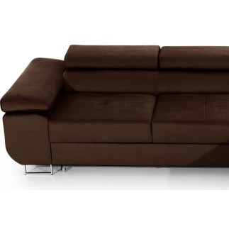 Canapé d'angle convertible ARMEL en tissu velours luxe 5 places, couleur chocolat, avec coffre, angle droit (vu de face)