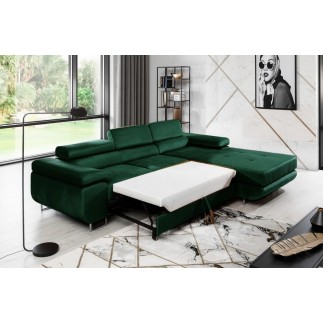 Canapé d'angle convertible ARMEL en tissu velours luxe 5 places, couleur vert foncé, avec coffre, angle droit (vu de face)