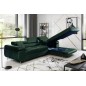 Canapé d'angle convertible ARMEL en tissu velours luxe 5 places, couleur vert foncé, avec coffre, angle droit (vu de face)