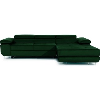 Canapé d'angle convertible ARMEL en tissu velours luxe 5 places, couleur vert foncé, avec coffre, angle droit (vu de face)