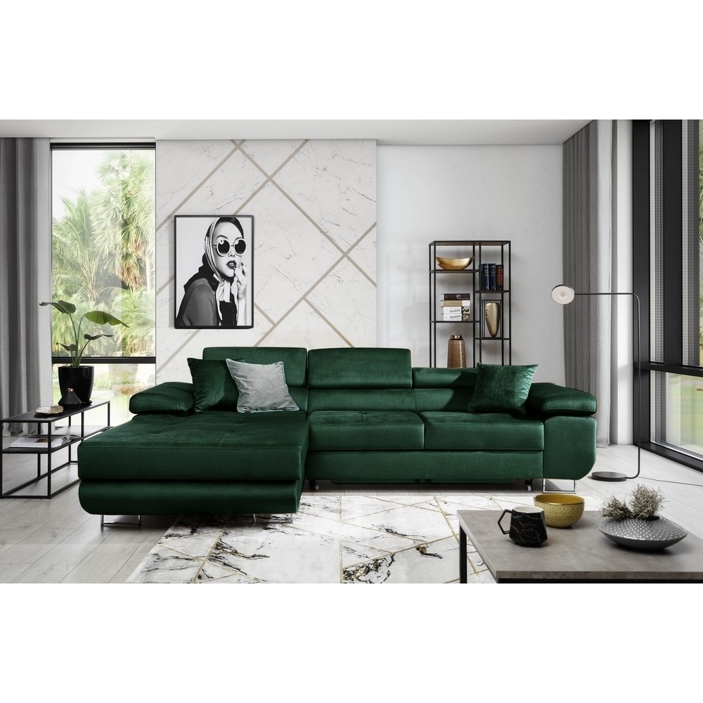 Canapé d'angle convertible ARMEL en tissu velours luxe 5 places, couleur vert foncé, avec coffre, angle gauche (vu de face) Canapé d'angle convertible ARMEL en tissu velours luxe 5 places, couleur vert foncé, avec coffre, angle gauche (vu de face)