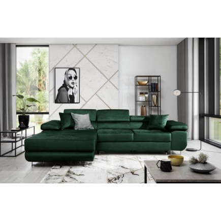Canapé d'angle convertible ARMEL en tissu velours luxe 5 places, couleur vert foncé, avec coffre, angle gauche (vu de face)