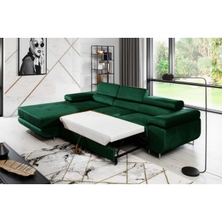 Canapé d'angle convertible ARMEL en tissu velours luxe 5 places, couleur vert foncé, avec coffre, angle gauche (vu de face)