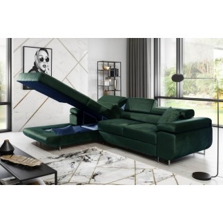 Canapé d'angle convertible ARMEL en tissu velours luxe 5 places, couleur vert foncé, avec coffre, angle gauche (vu de face)