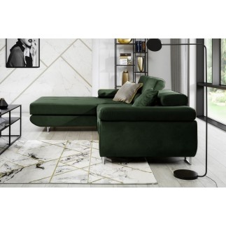 Canapé d'angle convertible ARMEL en tissu velours luxe 5 places, couleur vert foncé, avec coffre, angle gauche (vu de face)
