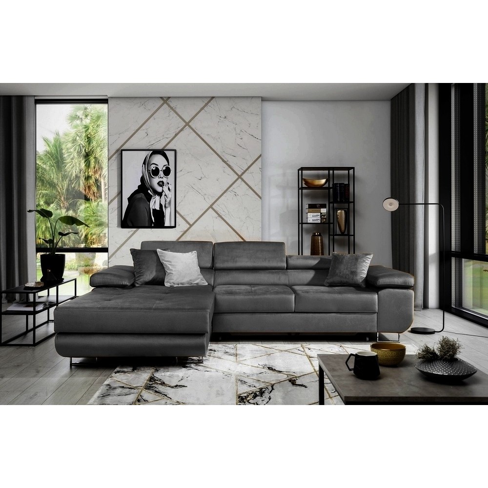 Canapé d'angle convertible ARMEL en tissu velours luxe 5 places, couleur gris anthracite, avec coffre, angle gauche (vu de face) Canapé d'angle convertible ARMEL en tissu velours luxe 5 places, couleur gris anthracite, avec coffre, angle gauche (vu de face)