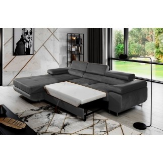 Canapé d'angle convertible ARMEL en tissu velours luxe 5 places, couleur gris anthracite, avec coffre, angle gauche (vu de face)