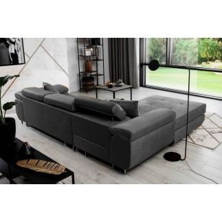 Canapé d'angle convertible ARMEL en tissu velours luxe 5 places, couleur gris anthracite, avec coffre, angle gauche (vu de face)