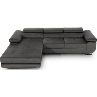 Canapé d'angle convertible ARMEL en tissu velours luxe 5 places, couleur gris anthracite, avec coffre, angle gauche (vu de face)