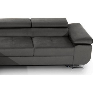 Canapé d'angle convertible ARMEL en tissu velours luxe 5 places, couleur gris anthracite, avec coffre, angle gauche (vu de face)