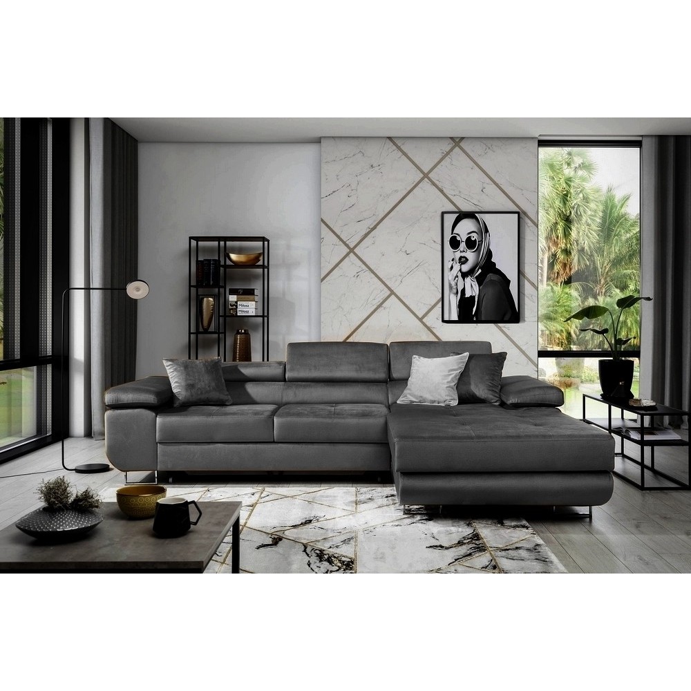 Canapé d'angle convertible ARMEL en tissu velours luxe 5 places, gris anthracite, avec coffre, angle droit (vu de face)