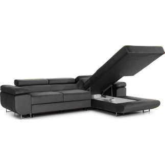 Canapé d'angle convertible ARMEL en tissu velours luxe 5 places, gris anthracite, avec coffre, angle droit (vu de face)