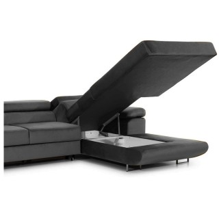 Canapé d'angle convertible ARMEL en tissu velours luxe 5 places, gris anthracite, avec coffre, angle droit (vu de face)