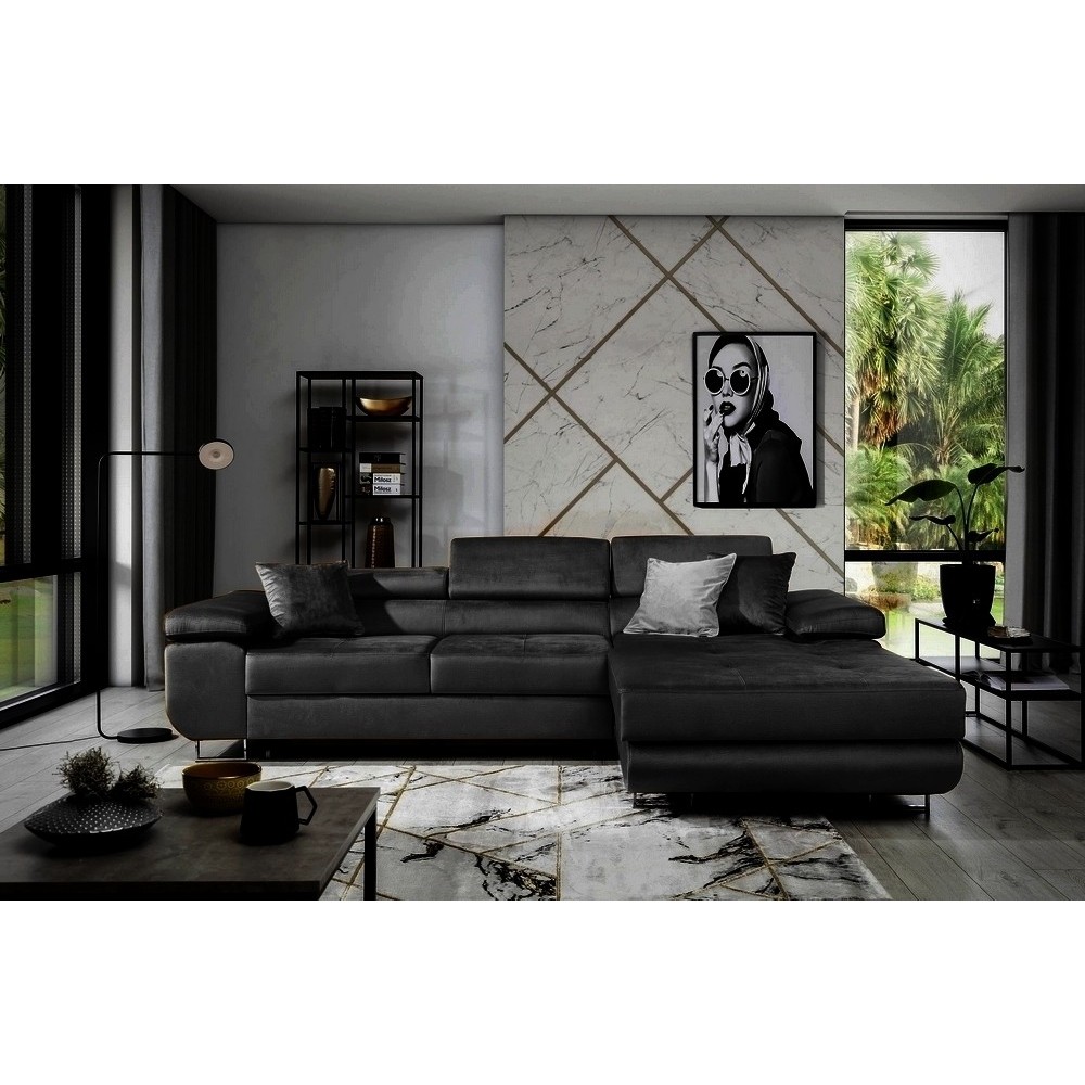 Canapé d'angle convertible ARMEL en tissu velours luxe 5 places, couleur noir, avec coffre, angle droit (vu de face) Canapé d'angle convertible ARMEL en tissu velours luxe 5 places, couleur noir, avec coffre, angle droit (vu de face)