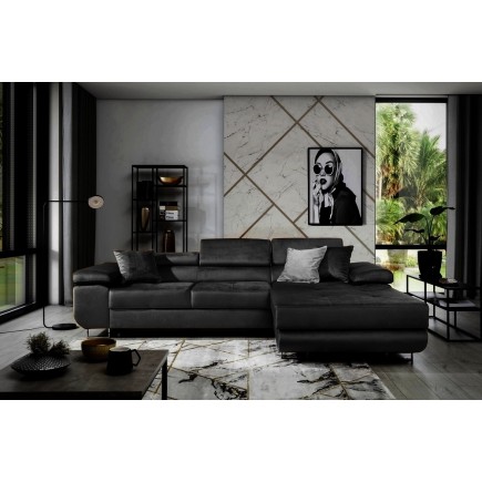 Canapé d'angle convertible ARMEL en tissu velours luxe 5 places, couleur noir, avec coffre, angle droit (vu de face)