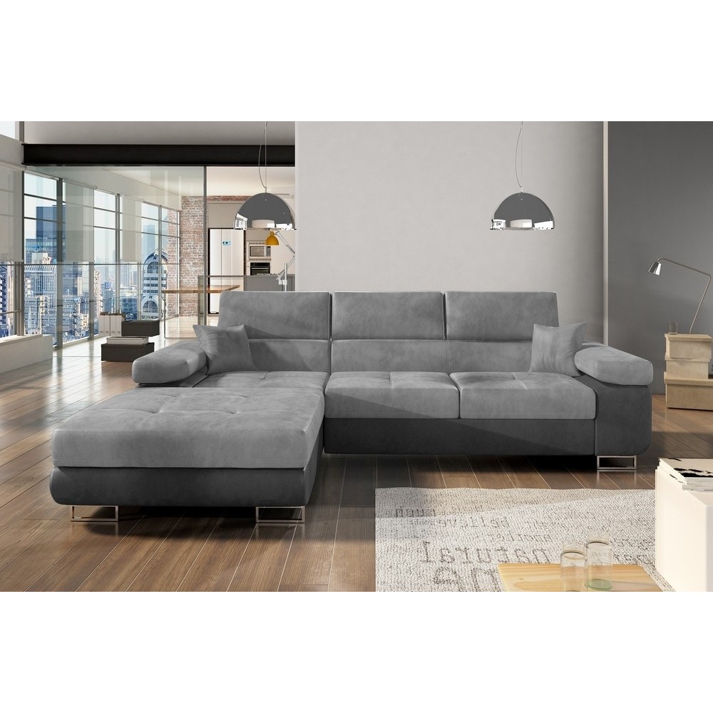 - Canapé d'angle convertible ARMEL en tissu velours luxe 5 places, gris clair / gris foncé, bicolore, avec coffre, angle gauche - Canapé d'angle convertible ARMEL en tissu velours luxe 5 places, gris clair / gris foncé, bicolore, avec coffre, angle gauche