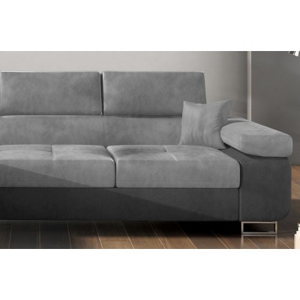 - Canapé d'angle convertible ARMEL en tissu velours luxe 5 places, gris clair / gris foncé, bicolore, avec coffre, angle gauche