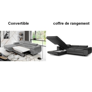 - Canapé d'angle convertible ARMEL en tissu velours luxe 5 places, gris clair / gris foncé, bicolore, avec coffre, angle gauche